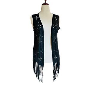 Women’s Black Fringe Laser Cut Floral Faux Suede Vest Open Front One Size